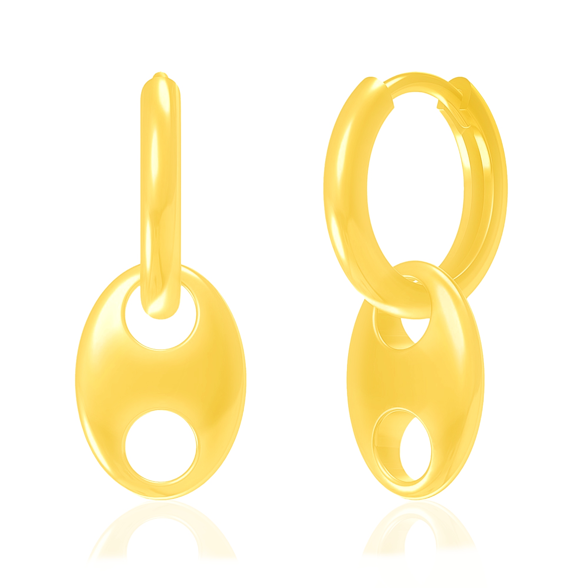 14K gold-plated earrings featuring a modern link design with elliptical shapes and circular cutouts, offering a sleek and contemporary style.