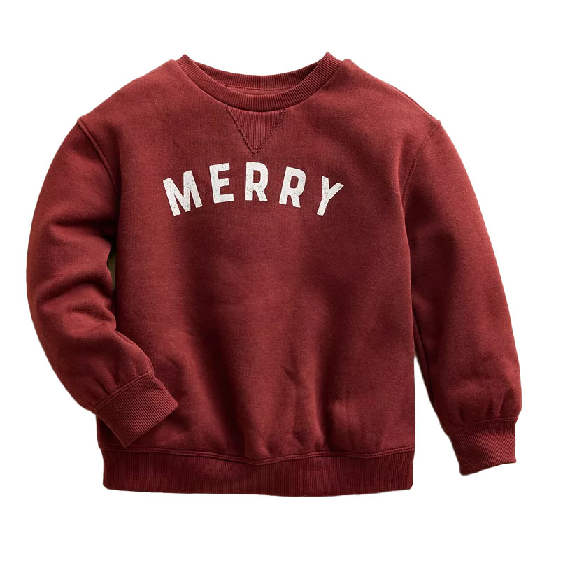 A cozy maroon sweatshirt featuring the word \“MERRY\“ in white capital letters across the chest, with ribbed cuffs, collar, and hem.