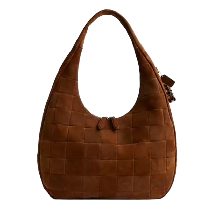A brown, woven texture hobo-style handbag with a shoulder strap and tassel accent.