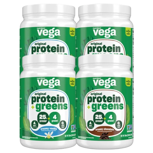 Pack of four Vega Original Protein + Greens containers, featuring 25g protein and 4 greens per serving, with flavors creamy vanilla and creamy chocolate.