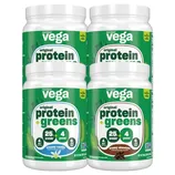 Pack of four Vega Original Protein + Greens containers, featuring 25g protein and 4 greens per serving, with flavors creamy vanilla and creamy chocolate.