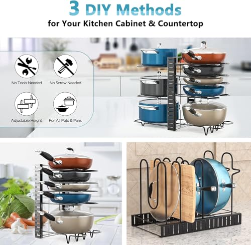 Adjustable pan and pot organizer with three DIY stacking options for kitchen cabinets and countertops, requiring no tools or screws.