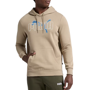 A person is wearing a light brown Puma hoodie with a blue logo and olive green pants, both featuring the Puma branding.
