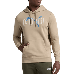 A person is wearing a light brown Puma hoodie with a blue logo and olive green pants, both featuring the Puma branding.