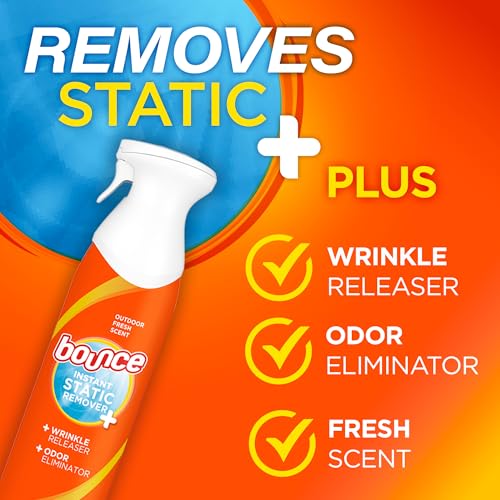 Bounce Instant Static Remover spray, with outdoor fresh scent, acts as a wrinkle releaser and odor eliminator.