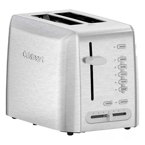 A stainless steel toaster with slots for two slices and a control panel featuring settings for single, bread, bagel, waffle, pastry, and defrost, along with a cancel button and a browning level slider from 1 to 7.