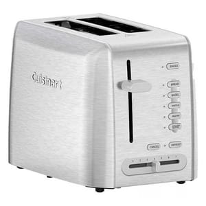 A stainless steel toaster with slots for two slices and a control panel featuring settings for single, bread, bagel, waffle, pastry, and defrost, along with a cancel button and a browning level slider from 1 to 7.