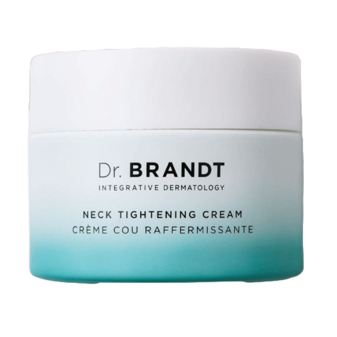 Dr. Brandt Integrative Dermatology Neck Tightening Cream is designed to firm and tighten the skin on the neck. The container has a gradient blue to white design and includes text in both English and French.