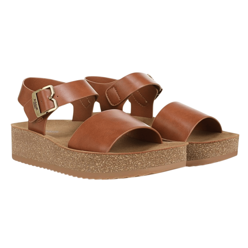 Brown platform sandals with a cork-like sole and adjustable buckles.