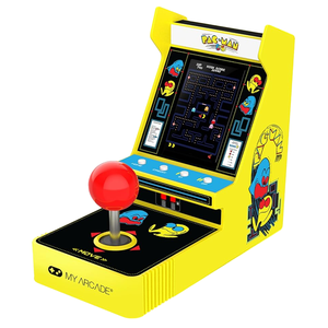A yellow Pac-Man mini arcade machine with a joystick and buttons features nostalgic game artwork and a screen displaying Pac-Man gameplay.