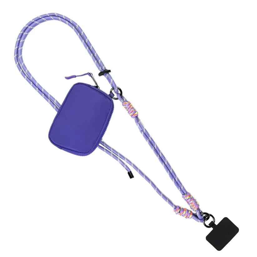 A purple rope-style lanyard features a small zippered pouch attached, suitable for carrying small items. The lanyard includes colorful accents and a black rectangular tag.