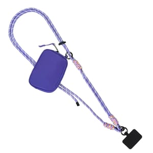 A purple rope-style lanyard features a small zippered pouch attached, suitable for carrying small items. The lanyard includes colorful accents and a black rectangular tag.