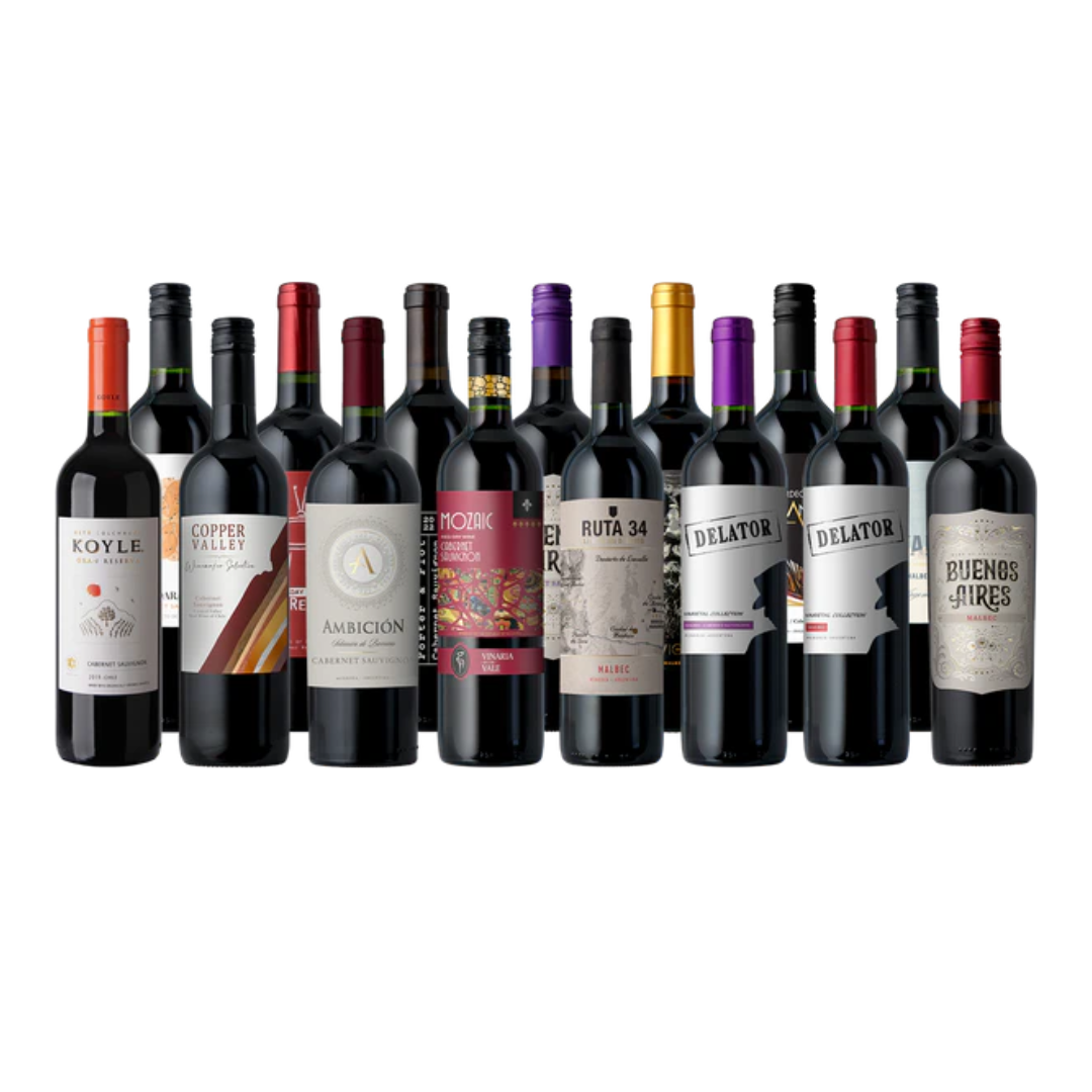 A selection of 12 bottles of red wine, featuring varieties like Cabernet Sauvignon and Malbec, each with distinct labels and colors.