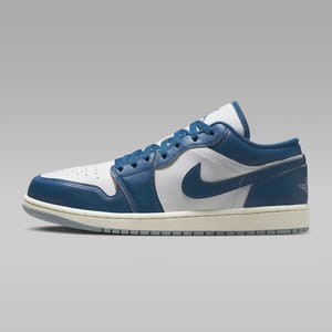 A single blue and white Nike Air Jordan 1 Low sneaker displayed against a neutral background.