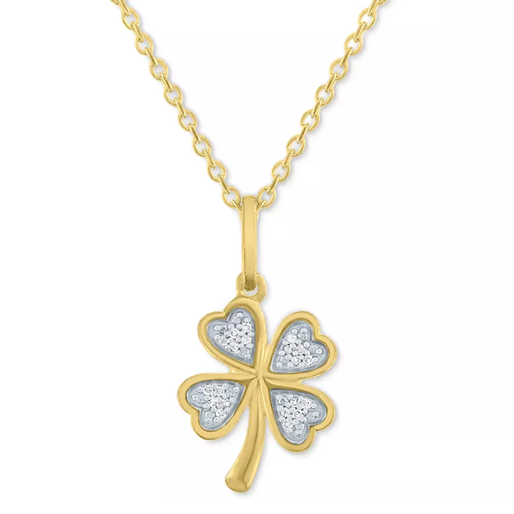Gold-tone necklace with a four-leaf clover pendant featuring heart-shaped leaves embellished with small, silver-tone textured accents.