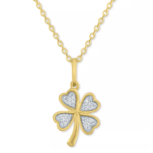 Gold-tone necklace with a four-leaf clover pendant featuring heart-shaped leaves embellished with small, silver-tone textured accents.