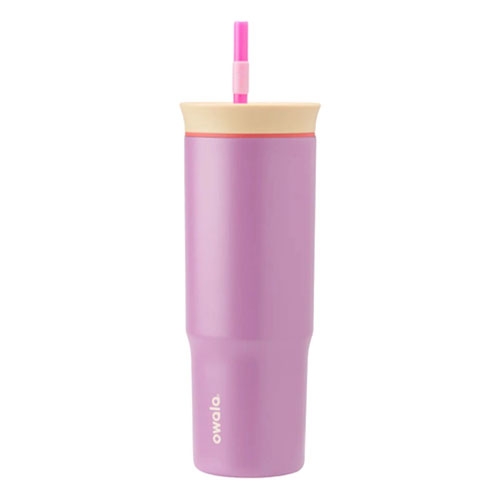 A purple 24oz Owala Tumbler with a beige lid and pink straw, featuring a sleek and smooth design with the brand name printed on the side.