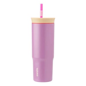 A purple 24oz Owala Tumbler with a beige lid and pink straw, featuring a sleek and smooth design with the brand name printed on the side.