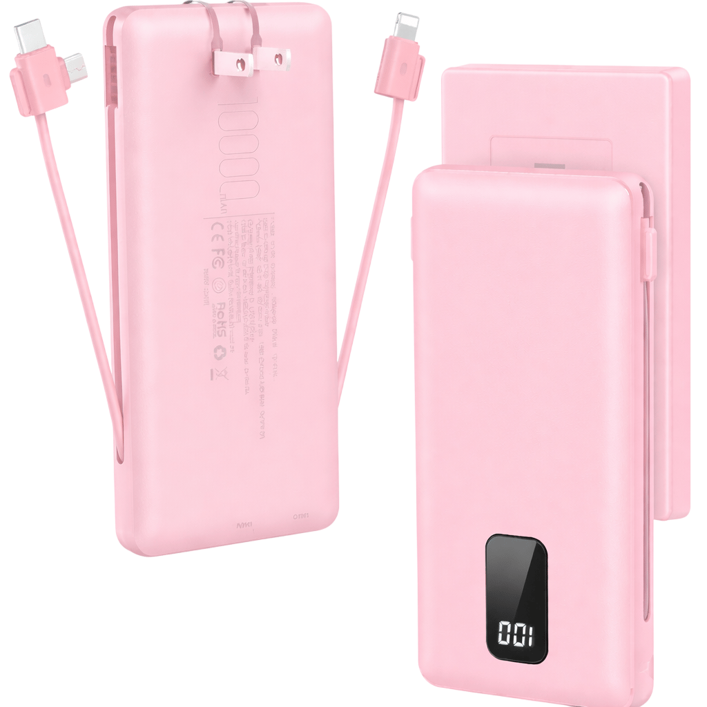 Pink portable power bank with built-in cables and a digital display showing \“001\“.