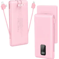 Pink portable power bank with built-in cables and a digital display showing \“001\“.