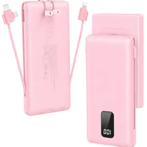 Pink portable power bank with built-in cables and a digital display showing \“001\“.