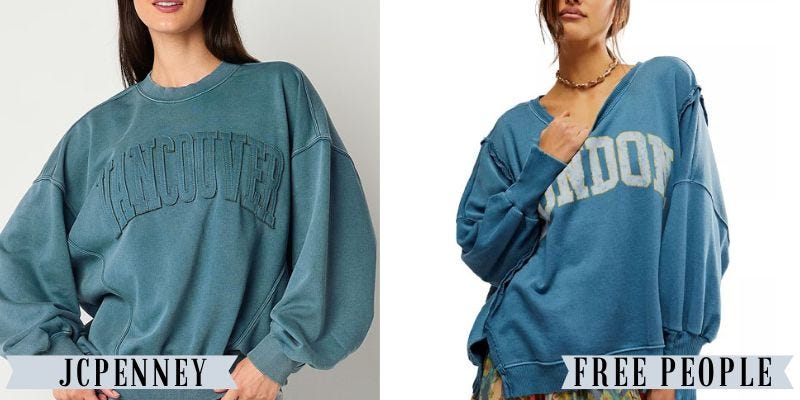 A teal oversized sweater with Vancouver written across it from JCPenney besides a blue oversized sweater with London written across it from Free People.