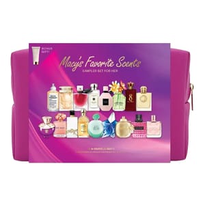 Macy's Favorite Scents Sampler Set for Her includes a variety of mini perfumes displayed on a pink background with a bonus gift tube and a pink pouch.