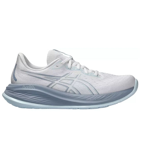 Asics Gel-Cumulus 26 Running Shoes in white and light blue feature a mesh upper, cushioned midsole, and PureGEL technology for comfort and support. They are designed for running with a sleek and aerodynamic design.