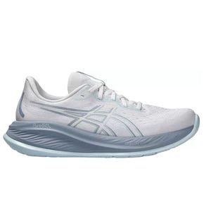 Asics Gel-Cumulus 26 Running Shoes in white and light blue feature a mesh upper, cushioned midsole, and PureGEL technology for comfort and support. They are designed for running with a sleek and aerodynamic design.