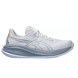 Asics Gel-Cumulus 26 Running Shoes in white and light blue feature a mesh upper, cushioned midsole, and PureGEL technology for comfort and support. They are designed for running with a sleek and aerodynamic design.