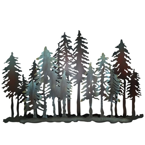 Metal wall art featuring silhouette-style trees in a forest scene.
