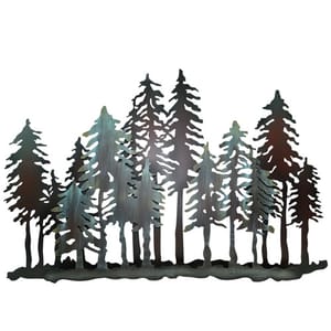 Metal wall art featuring silhouette-style trees in a forest scene.