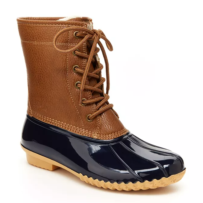 A brown and navy duck boot with laces.