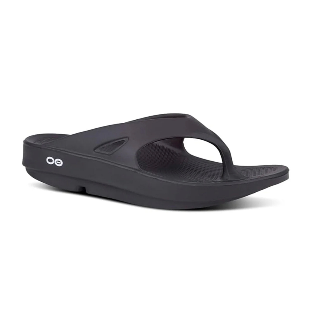 Black flip-flop sandal with a contoured footbed and a thick sole, featuring a small logo detail on the side.