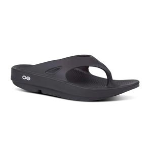 Black flip-flop sandal with a contoured footbed and a thick sole, featuring a small logo detail on the side.