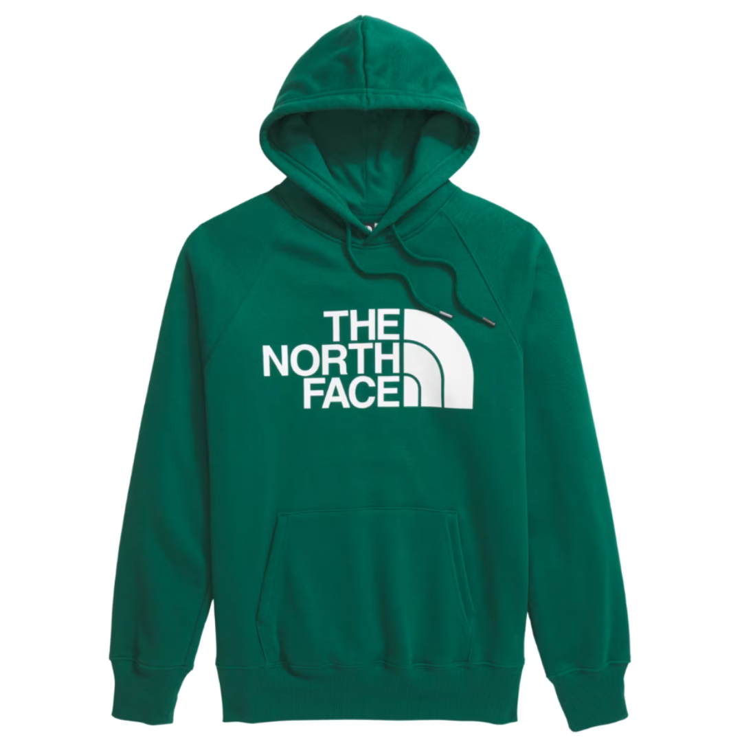 A green hoodie featuring \“The North Face\“ logo in white, with a front pocket and drawstrings.