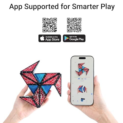 A 3D geometric puzzle with red and blue sections is shown alongside a smartphone displaying an app interface, indicating app support for interactive play. QR codes and app store icons suggest compatibility with iOS and Android devices.