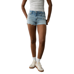 High-waisted denim shorts with a light blue wash, featuring a slightly frayed hem and distressed details on the front.