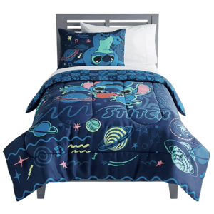 A twin bed set featuring Stitch from Disney's \“Lilo & Stitch,\“ with a blue space-themed design on the comforter and pillowcase, showcasing planets and stars.