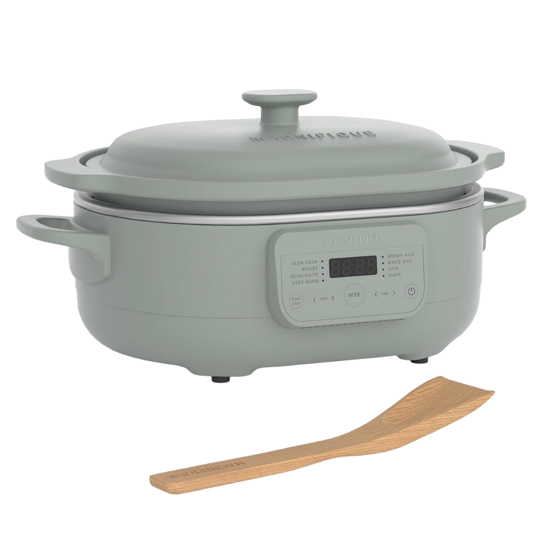 A multifunctional slow cooker with various cooking modes such as slow cook, braise, sear/sauté, and rice options, along with a wooden spatula.