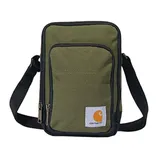 A green shoulder bag with black trim and a front pocket, featuring a Carhartt logo. It has two zippered compartments and an adjustable black strap.