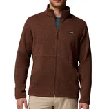 Brown full-zip fleece jacket with a logo on the chest, paired with beige pants.