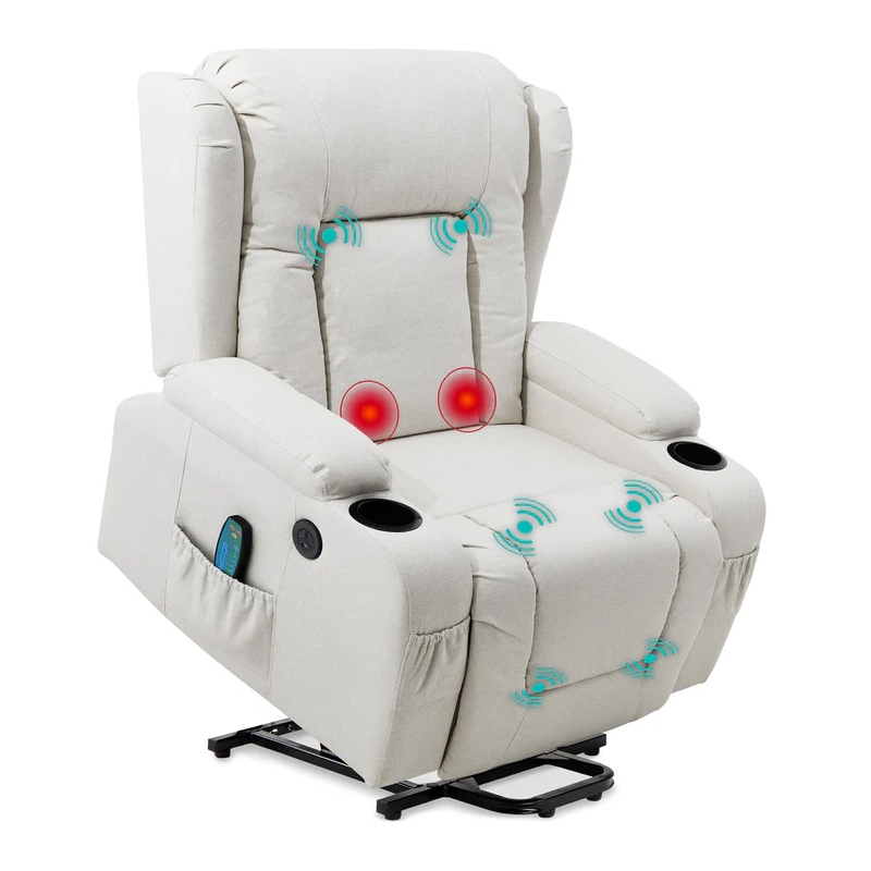 A cream-colored recliner with massage and heat functions, featuring cup holders, a side pocket, and control buttons.