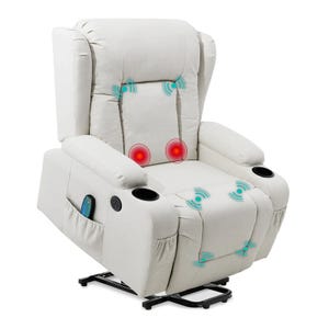 A cream-colored recliner with massage and heat functions, featuring cup holders, a side pocket, and control buttons.