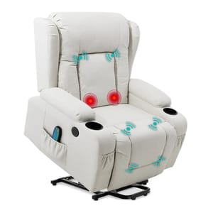 A cream-colored recliner with massage and heat functions, featuring cup holders, a side pocket, and control buttons.