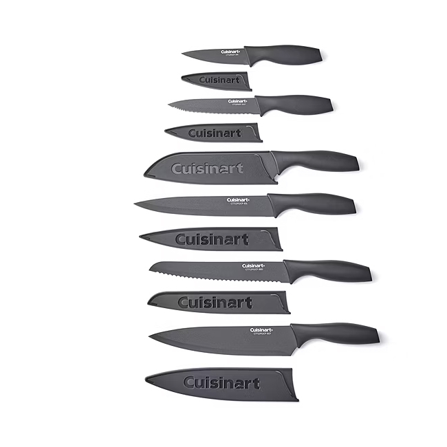 This 12-piece Cuisinart knife set includes six knives: paring, utility, santoku, chef, slicing, and bread knives, each with matching black blade guards for safe storage.