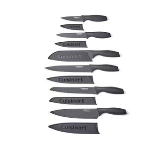 This 12-piece Cuisinart knife set includes six knives: paring, utility, santoku, chef, slicing, and bread knives, each with matching black blade guards for safe storage.