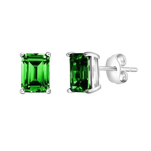 Rectangular green gemstone stud earrings with a silver-tone metal setting and butterfly backings.