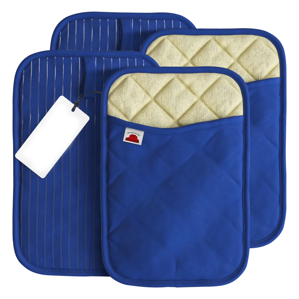 Set of three blue pot holders with quilted patches and pockets for hand protection, featuring a striped backing and a blank white tag attached.