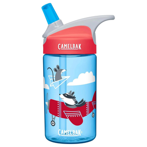 A children's CamelBak water bottle with a red cap, featuring playful graphics of a badger flying a red plane and a mouse on a paper airplane, set against a blue background with clouds.